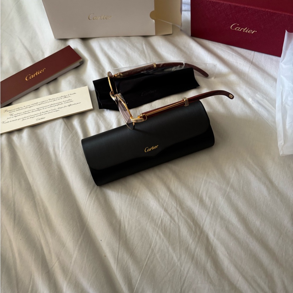 Cartier Gold and Brown Rimless Glasses with Black Case